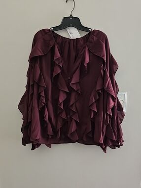 Womens Ruffle Button-Front Blouse - Burgundy